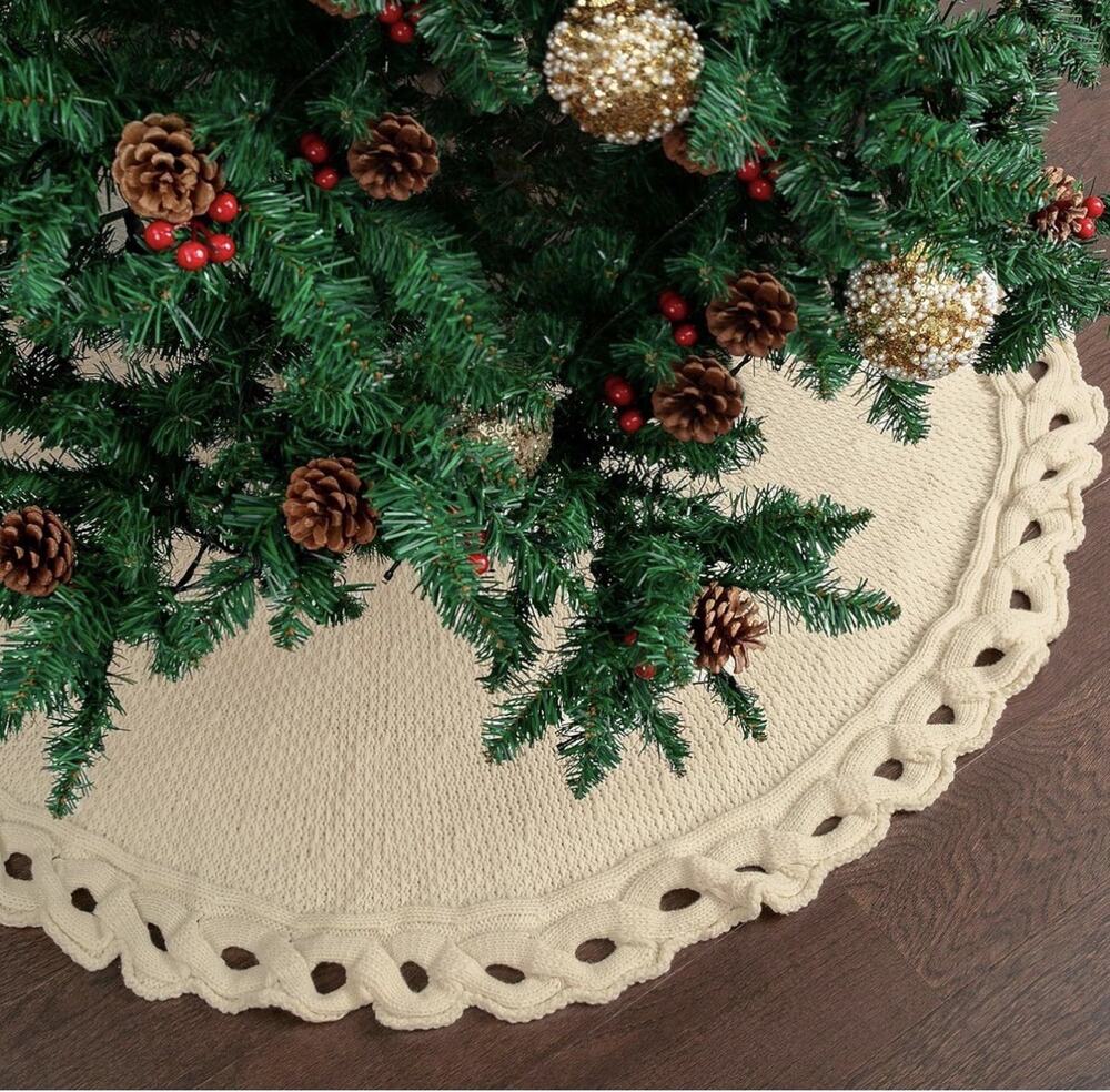 Mr. Pen Christmas Tree Skirt - 36 Inch Knitted Xmas Tree Skirt Cream